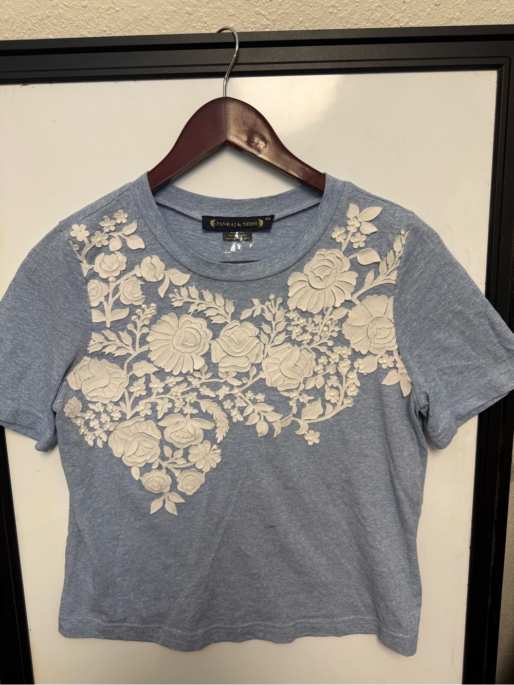Pale Blue Floral Appliqué Short Sleeve Top by Pankaj & Nidhi